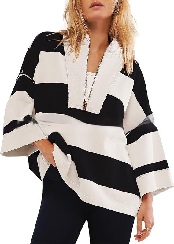 Women's Oversized Striped Shirt Half Zip Sweatshirt Color Matching