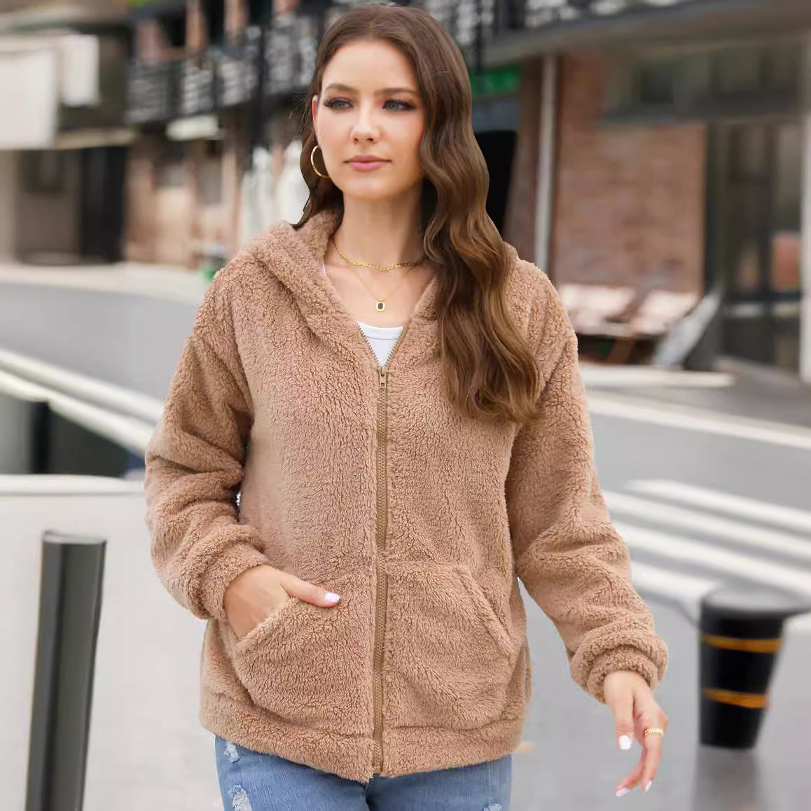 European And American Loose Casual Thickening Hooded Plush Coat