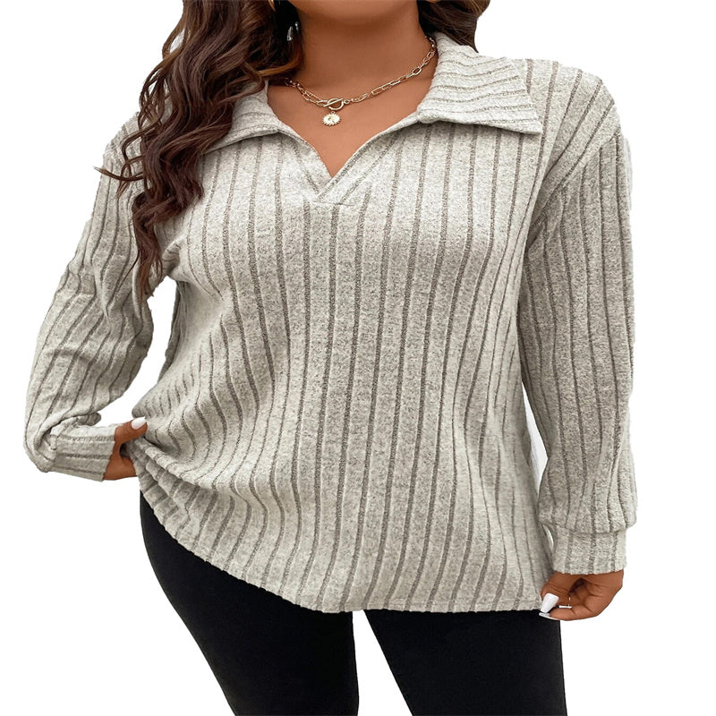 Solid Color Plus Size Women's Clothes Top V-shaped Lapel Long Sleeve Sunken Stripe Brushed T-shirt Loose