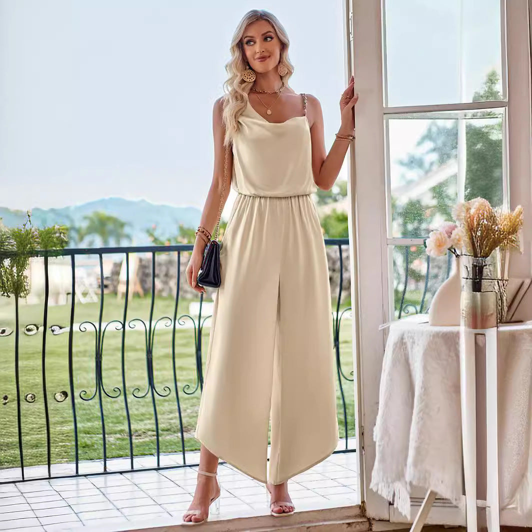 Fashion Casual Solid Color Suspender Waist Wide Leg Jumpsuit