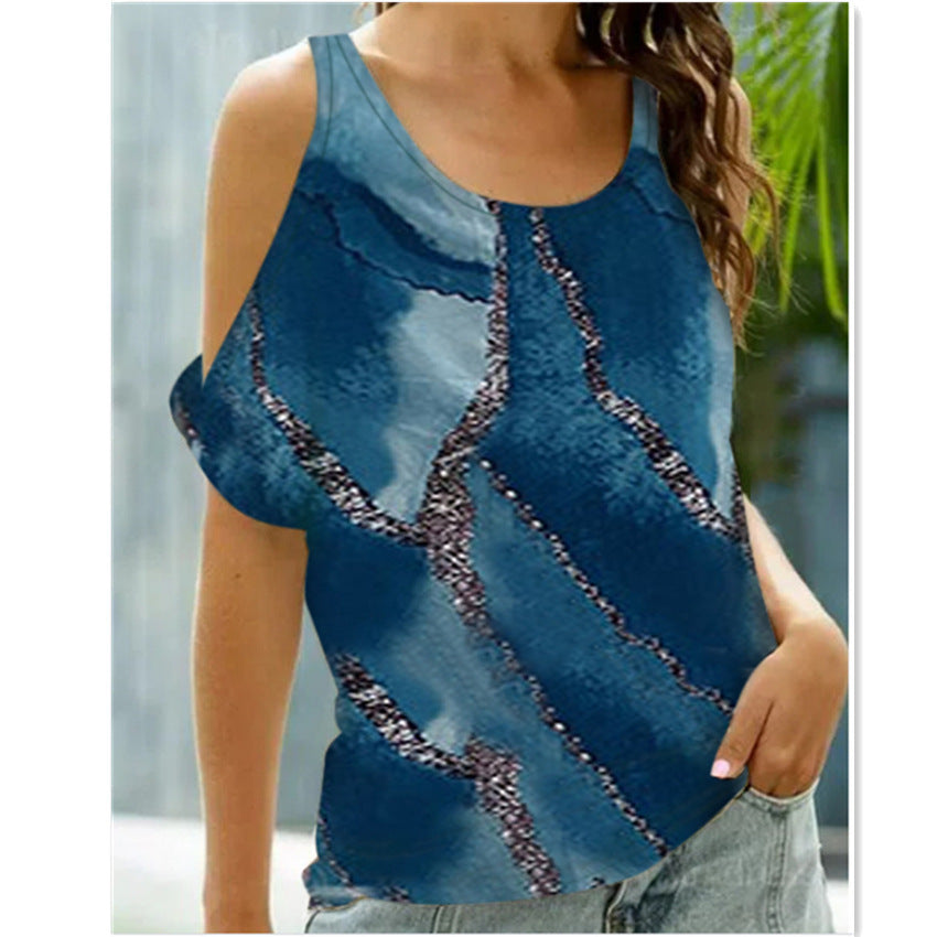 Fashion Tie-dye Print Short Sleeve Pullover Curb Shoulder