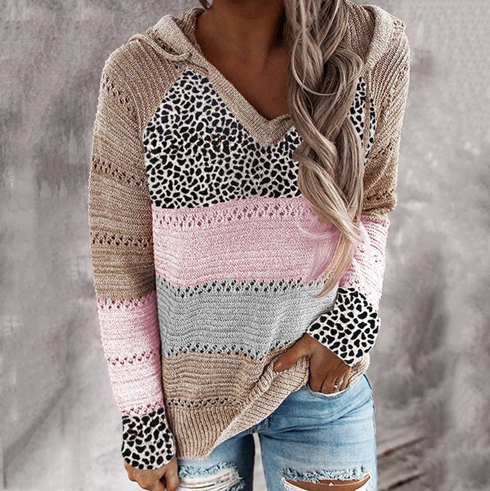 Women's Striped Loose V-neck Hooded Long-sleeve Sweater