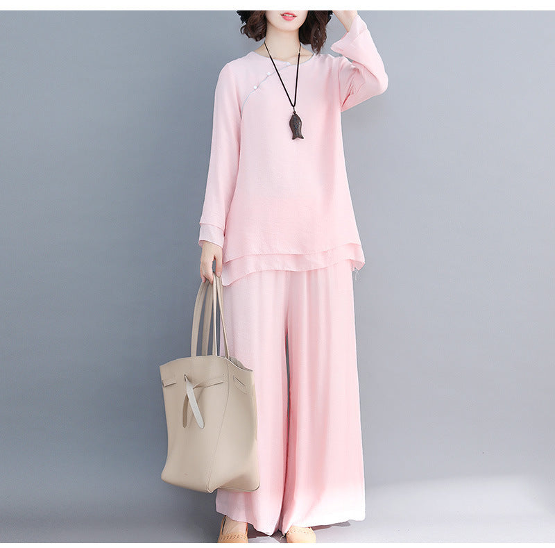 Women's Fashion Loose-fitting Long Sleeves Cotton And Linen Zen Clothes Two-piece Set