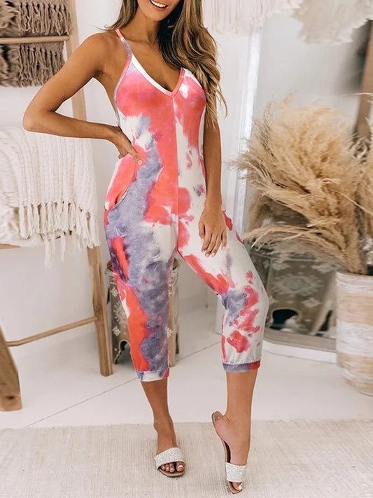 Tie-dye Printed Suspender Jumpsuit At Home Halter Suit