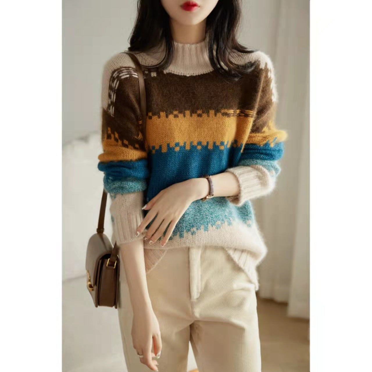 Women's Temperament Fashion Rainbow Striped Half Turtleneck Sweater