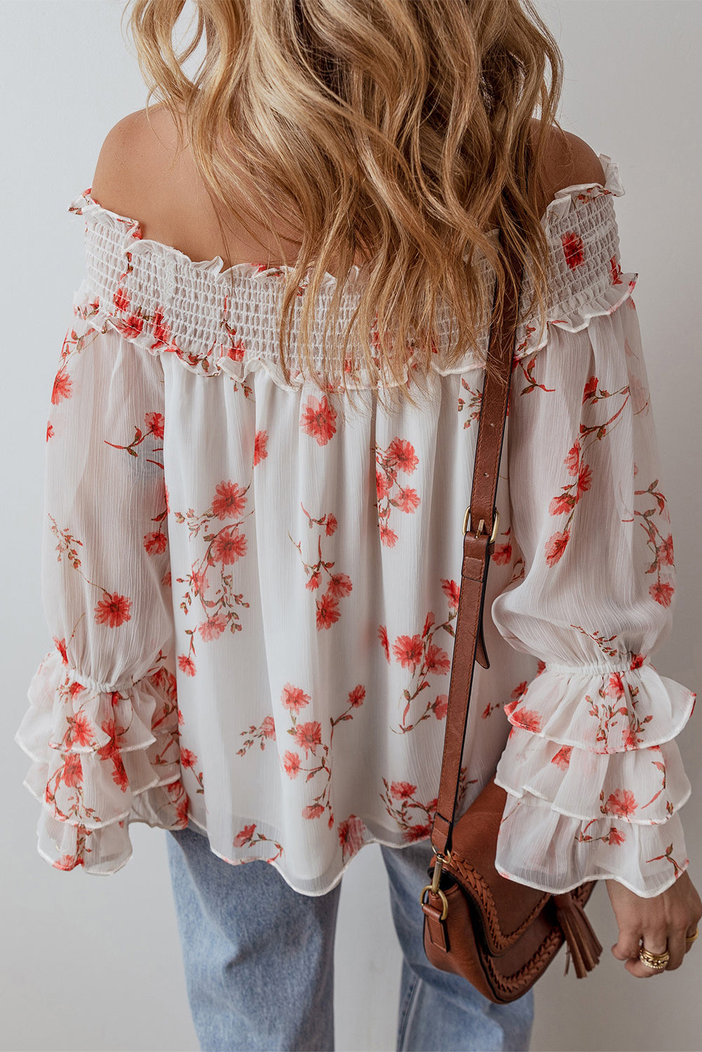 White Floral Print Shirred Off Shoulder Ruffled Sleeve Blouse