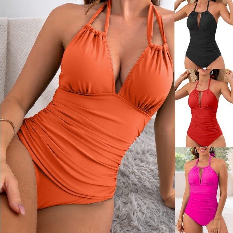 Solid Color Backless Polo Neck One Piece Swimsuit