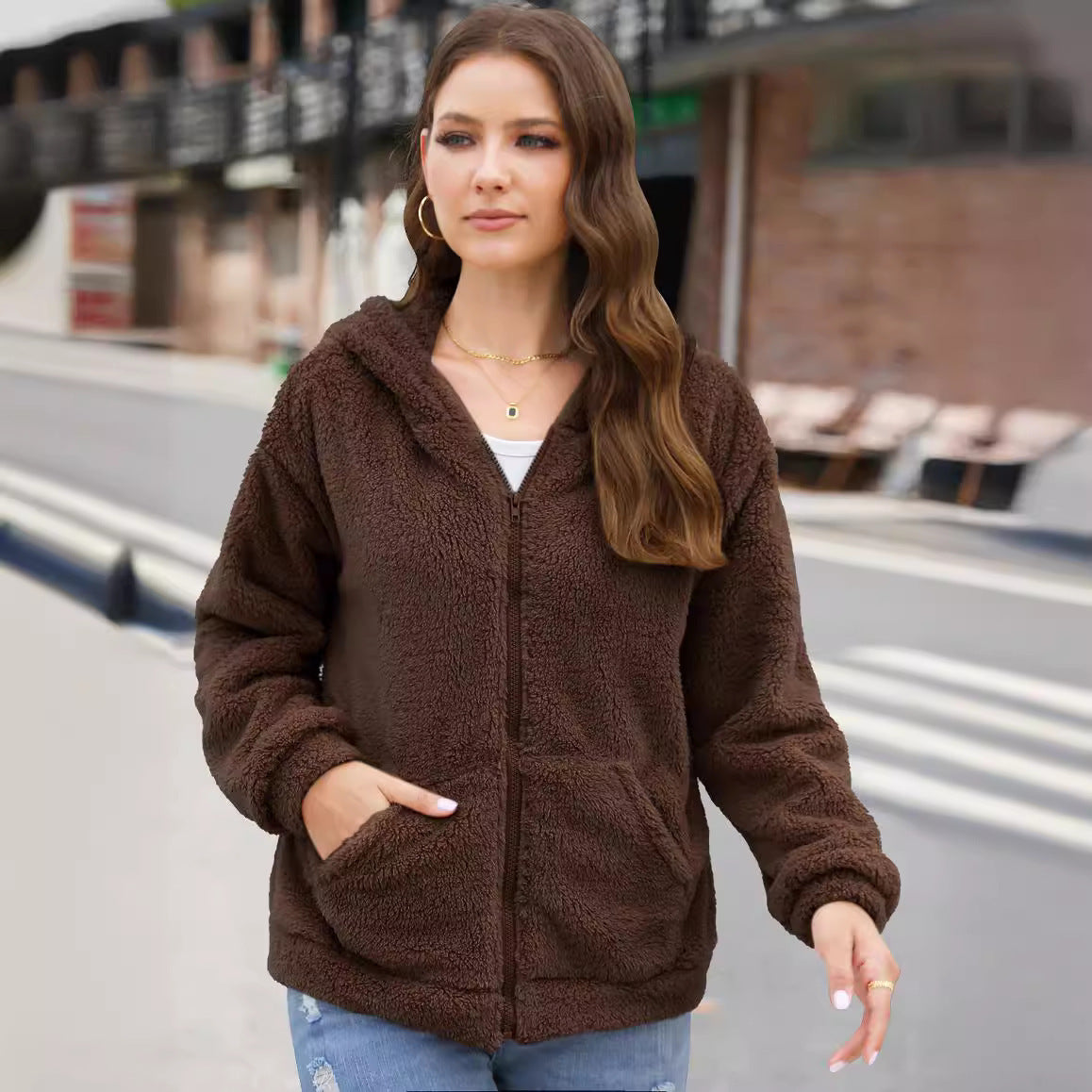 European And American Loose Casual Thickening Hooded Plush Coat