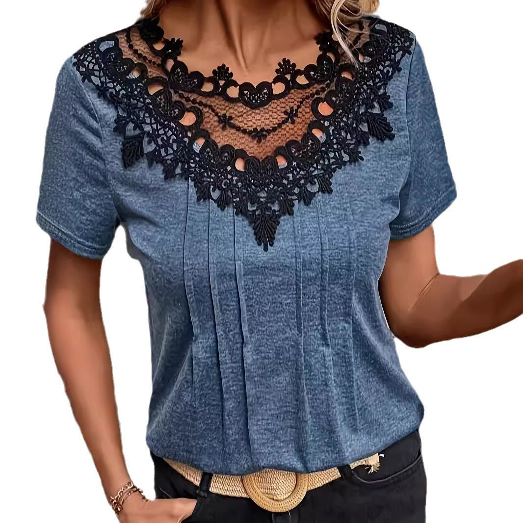 Women's Short-sleeved Lace Patchwork Ruffled Short-sleeved T-shirt