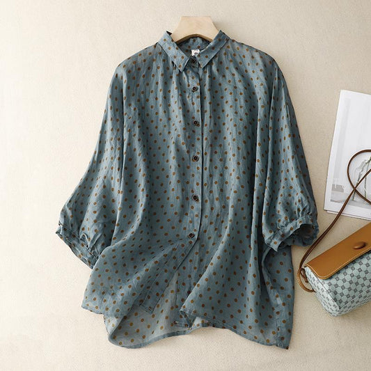 National Style Literary Style Lightweight And Slightly Transparent Polka-dot Loose-fitting Linen Shirt