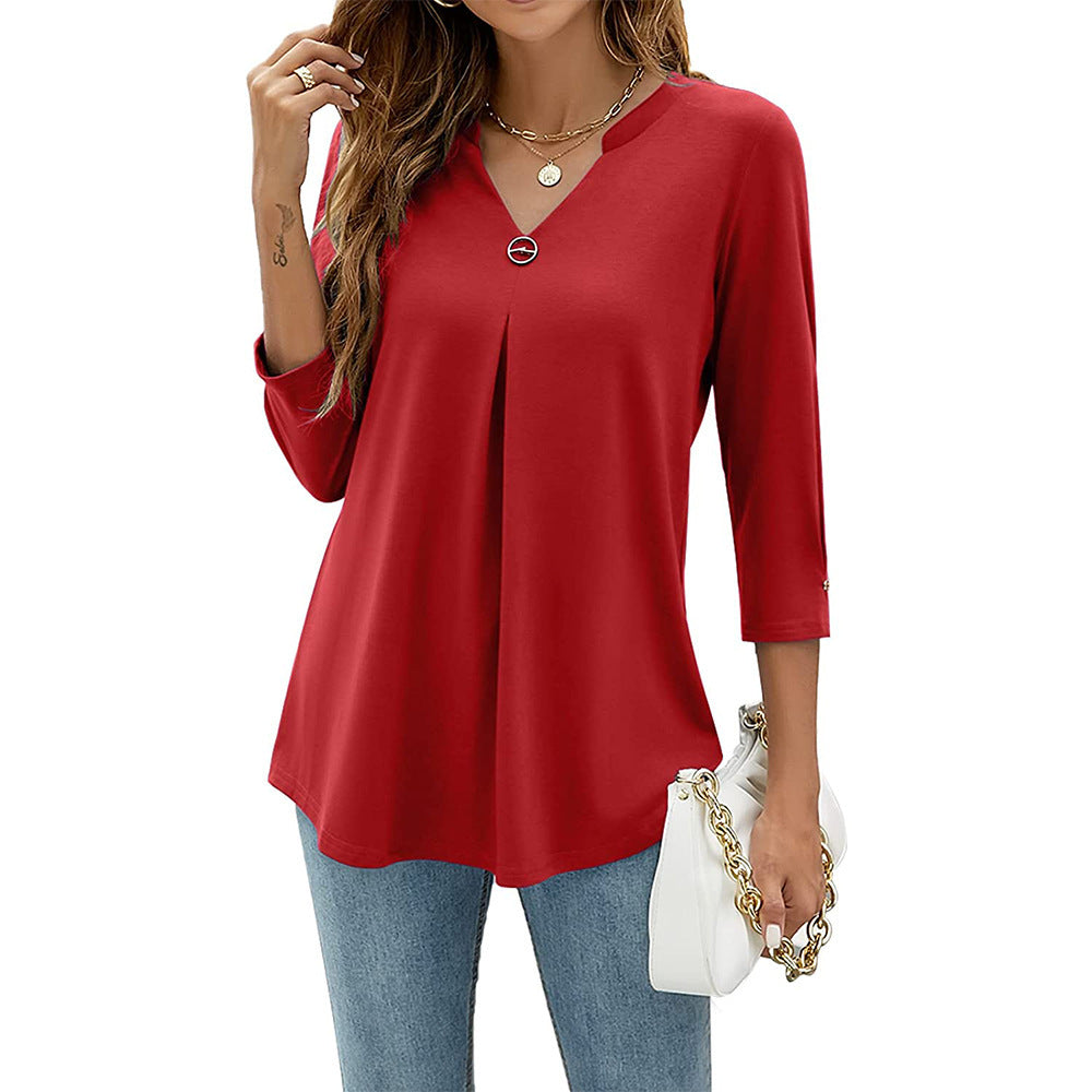 Women's V-neck Clinch Pleated T-shirt Top