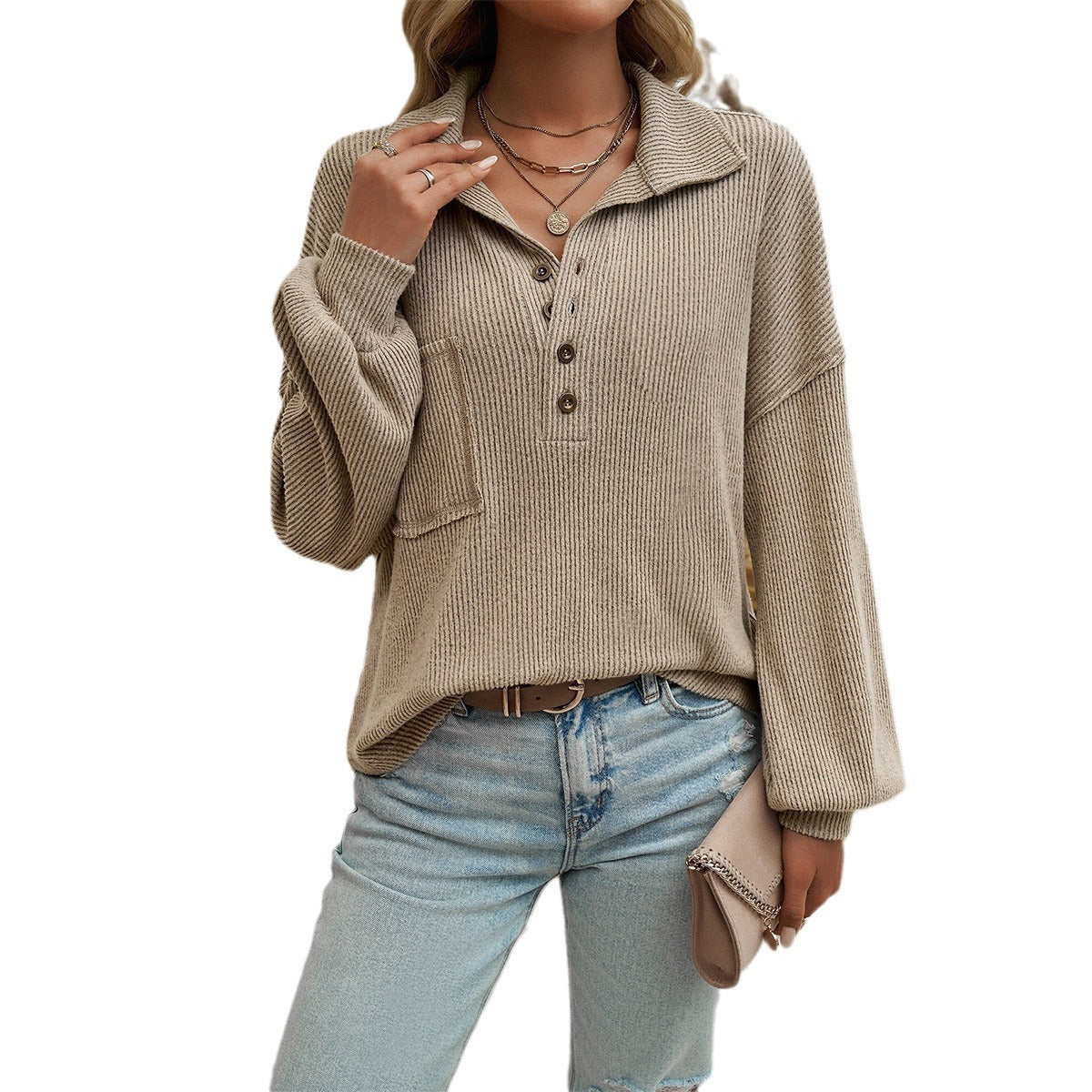 Lady Temperament Casual Pocket Long Sleeve Top