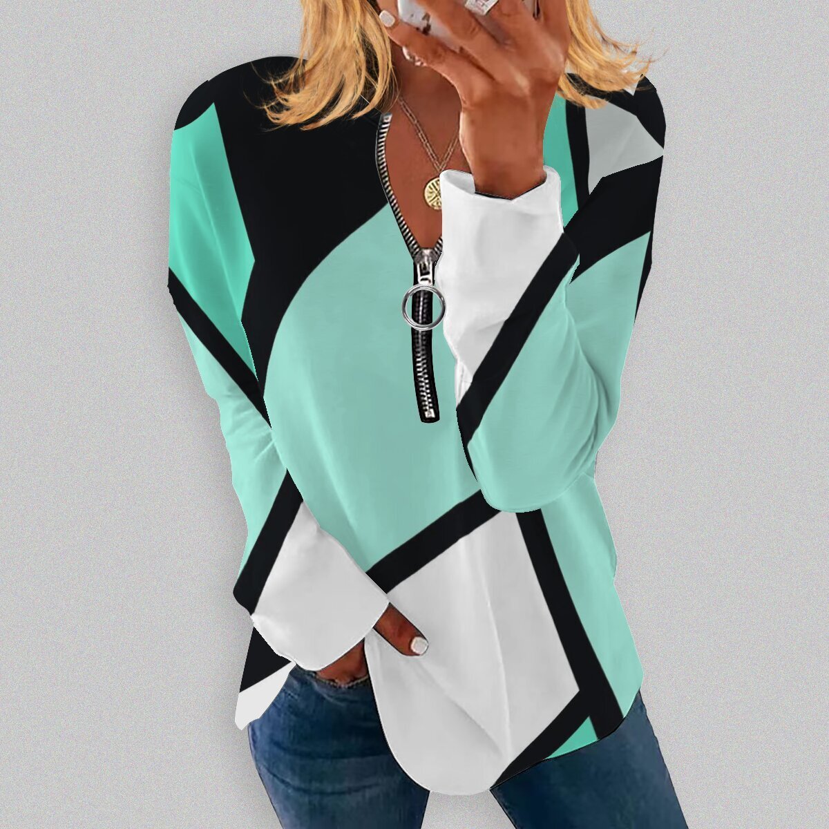 RETRO Geometric Printed Round Neck Long-sleeve T-shirt Long-sleeve Zipper