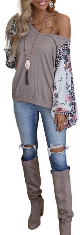 Printed Long-Sleeved Round Neck Stitching Casual Loose Top T-Shirt Women