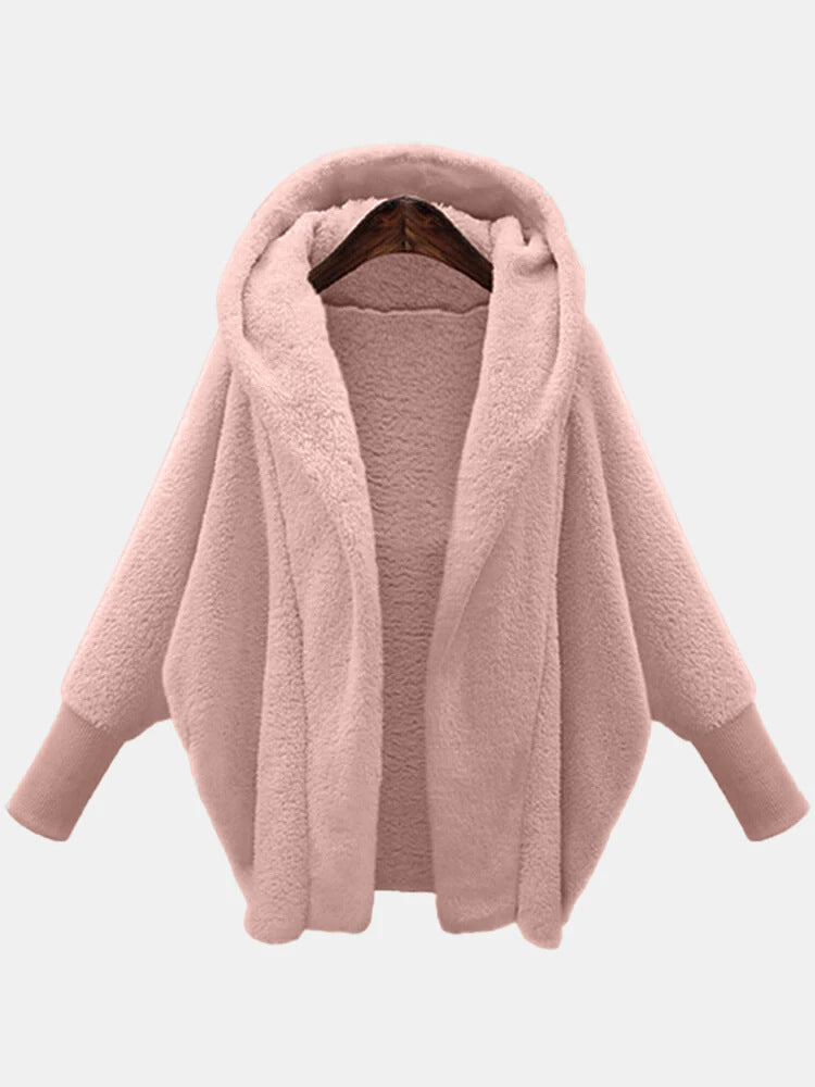 European And American Women's Clothing Solid Color Long Sleeve Hooded Loose Plush Coat