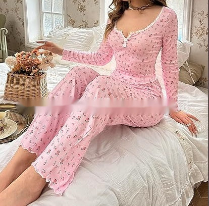 Small Floral Print Lettuce Edge Lace Collar Button Pajamas Suit