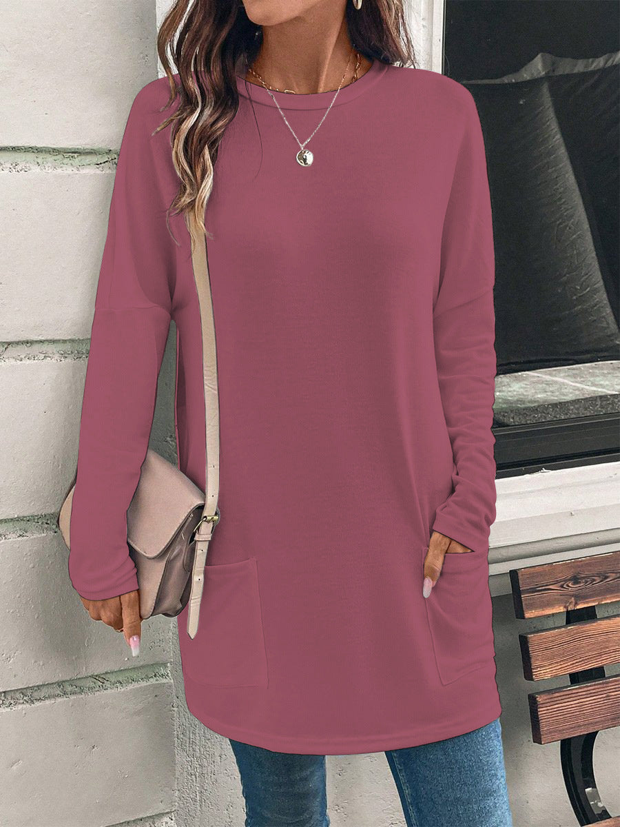 Women's Solid Color Long Sleeve Loose Round Neck Pocket Top T-shirt