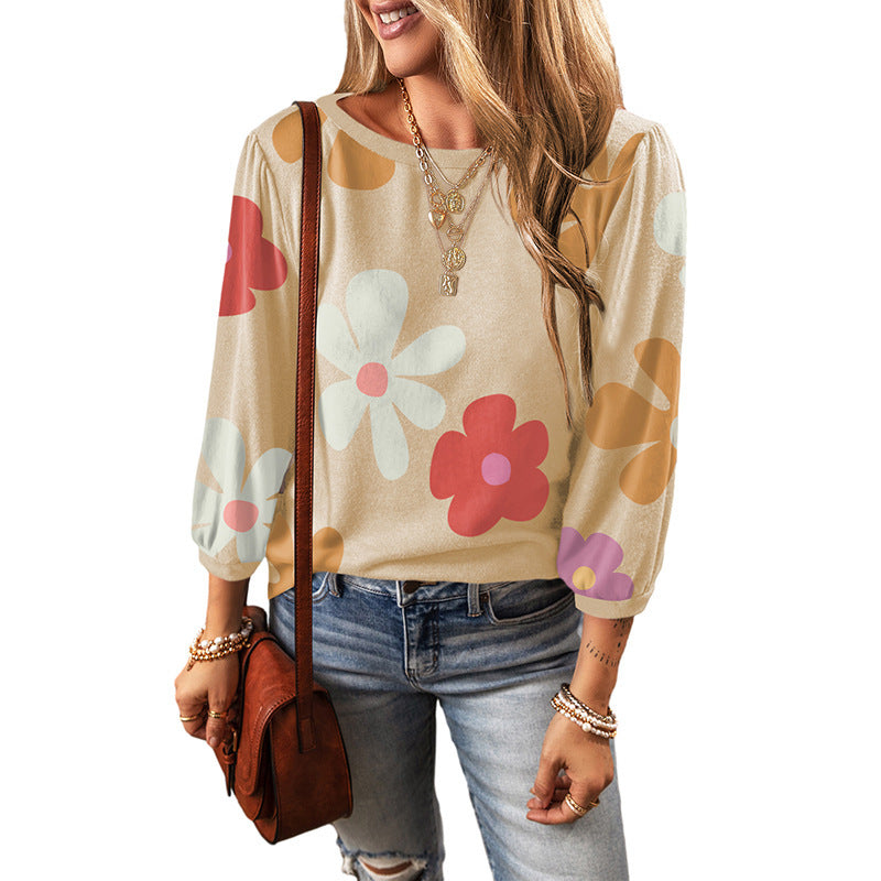 European And American Leisure Wild Flower Floral Print Long Sleeve Pullover