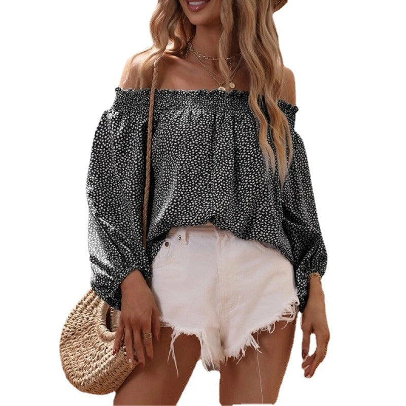 Printed Long Sleeve Shirt Slip Neck Loose Top