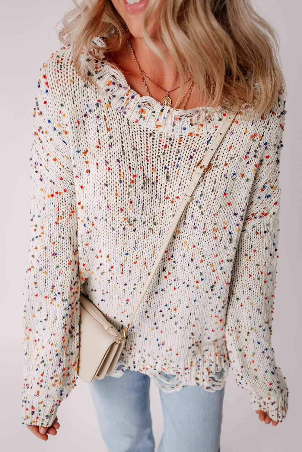 White Colorful Confetti Distressed Knit Sweater