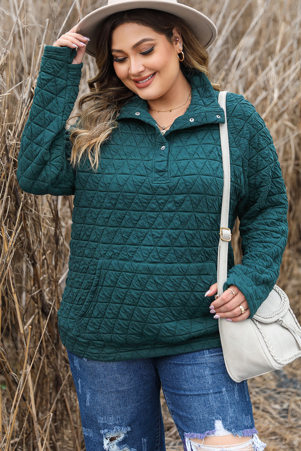 Blackish Green Plus Size Quarter Buttoned Pocketed Quilted Sweatshirt