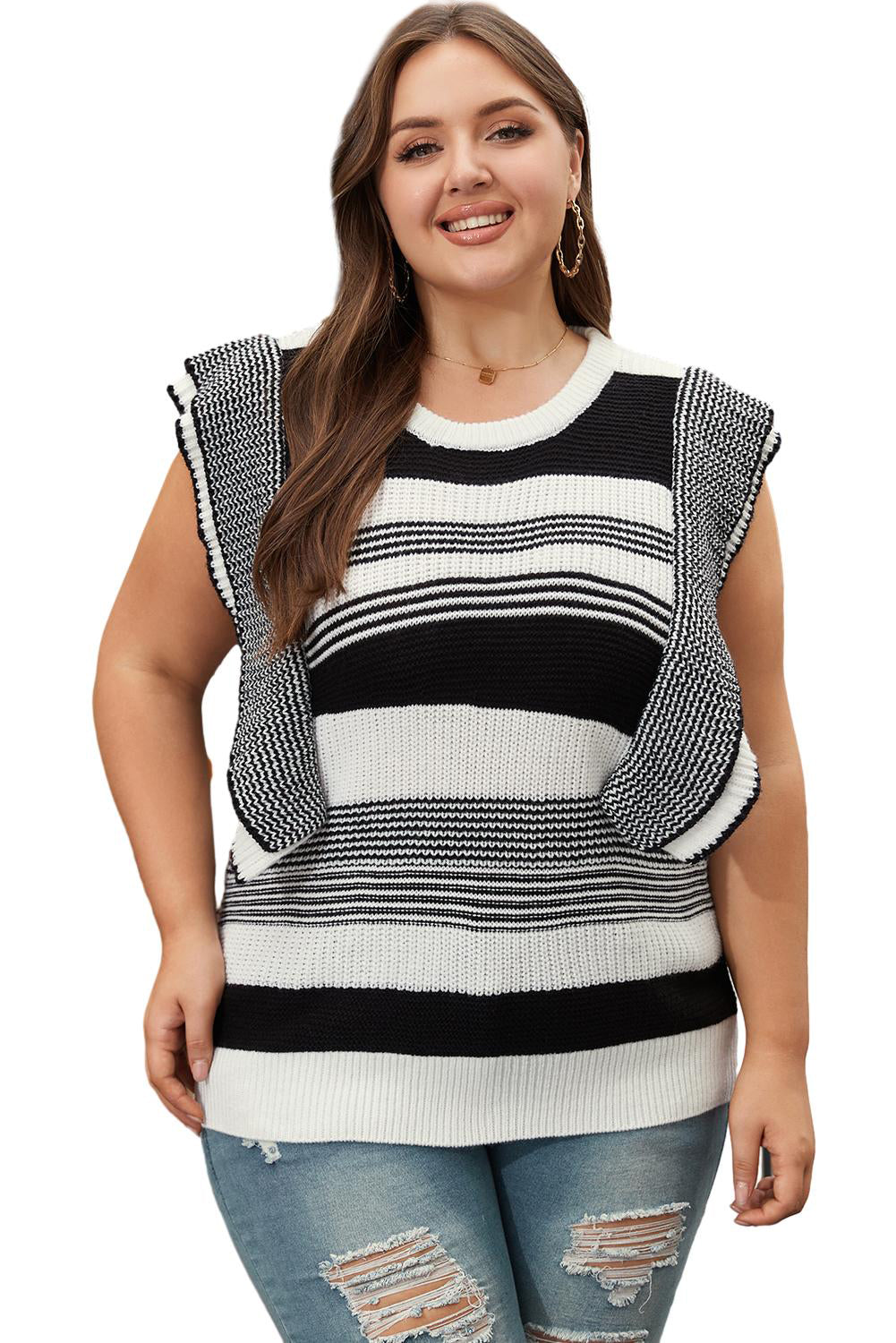 Black Plus Size Mixed Striped Print Ruffled Sweater Vest