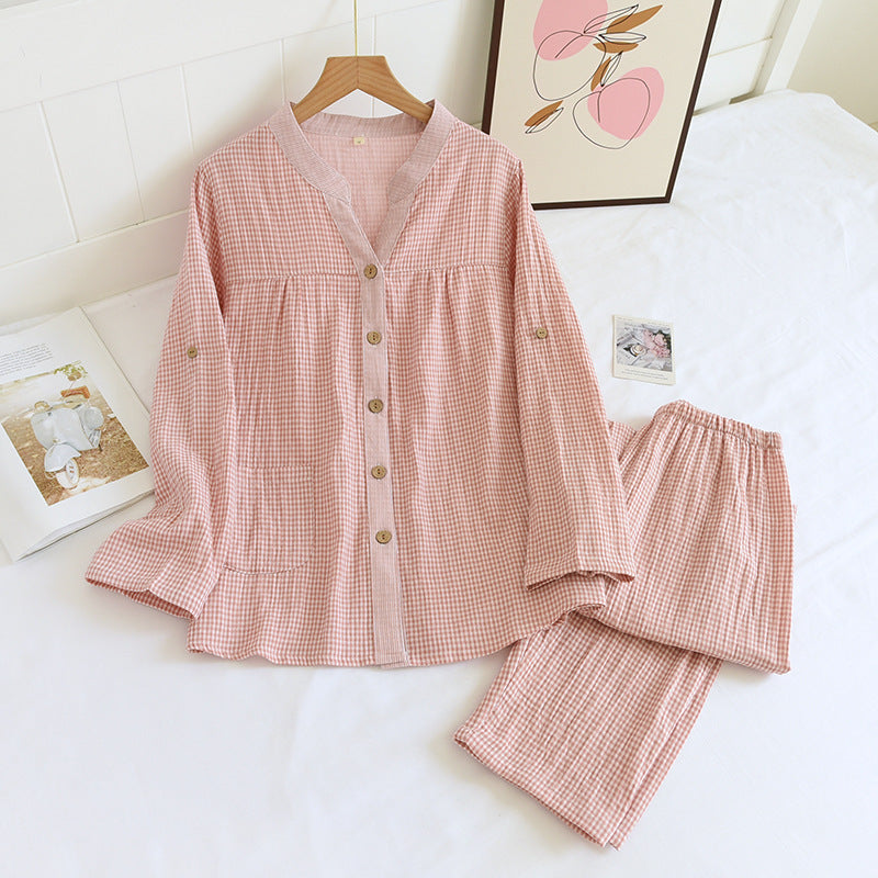 Cotton Double-layer Gauze Thin Pajamas Pants Ladies' Homewear Long-sleeved Trousers Yarn-dyed Washed Cotton Yarn