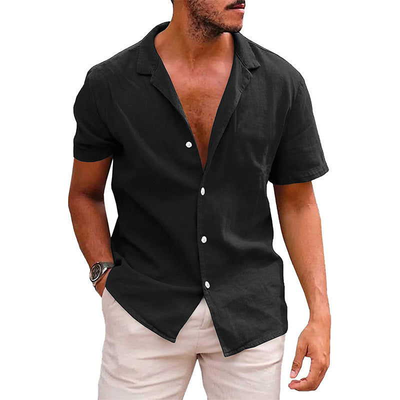 Summer Lapels Solid Color Short Sleeve Men's Cotton And Linen Shirt