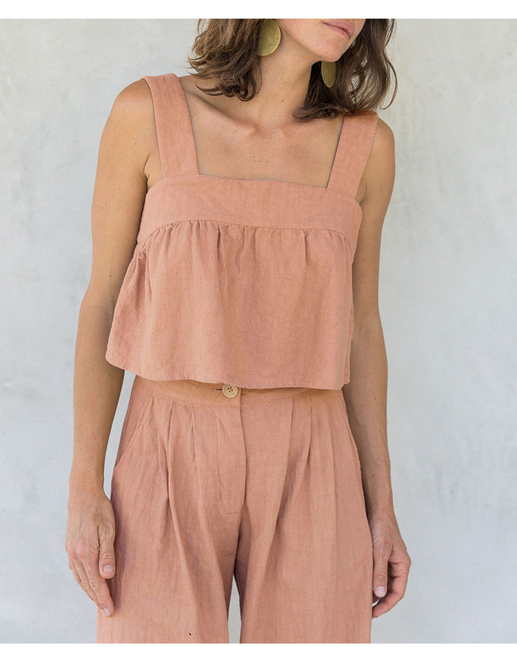 Women's Summer New Square Collar Strap Backless Special-interest Design Short Overall Dress Set