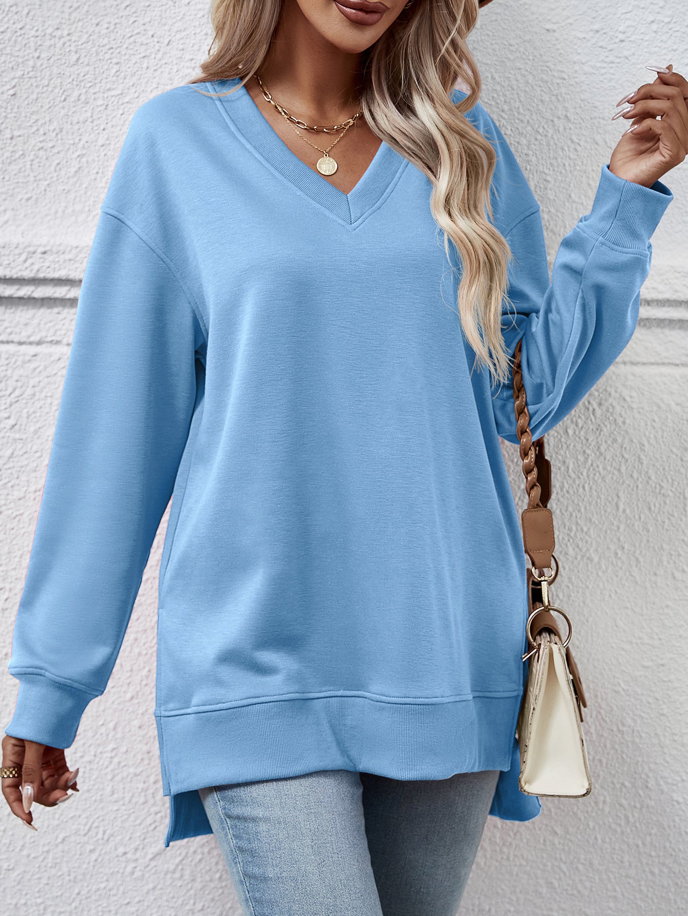 Solid Color And V-neck Split Front Short Back Long Sweater