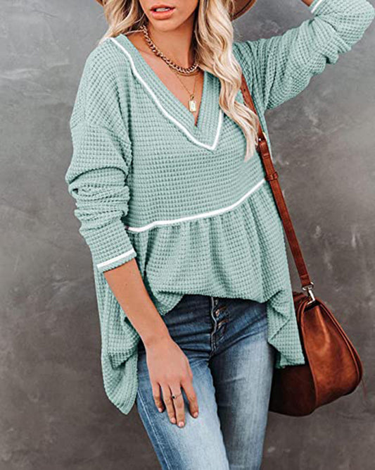 V-neck Long-sleeved Tunic Sweater With Pleated T-shirt Skirt
