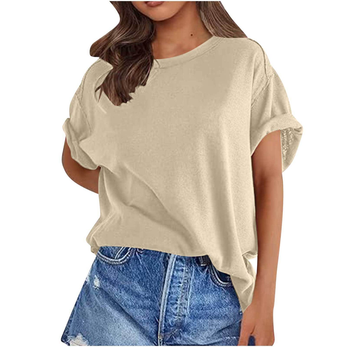 Solid Color Short Sleeve Round Neck Pullover Top