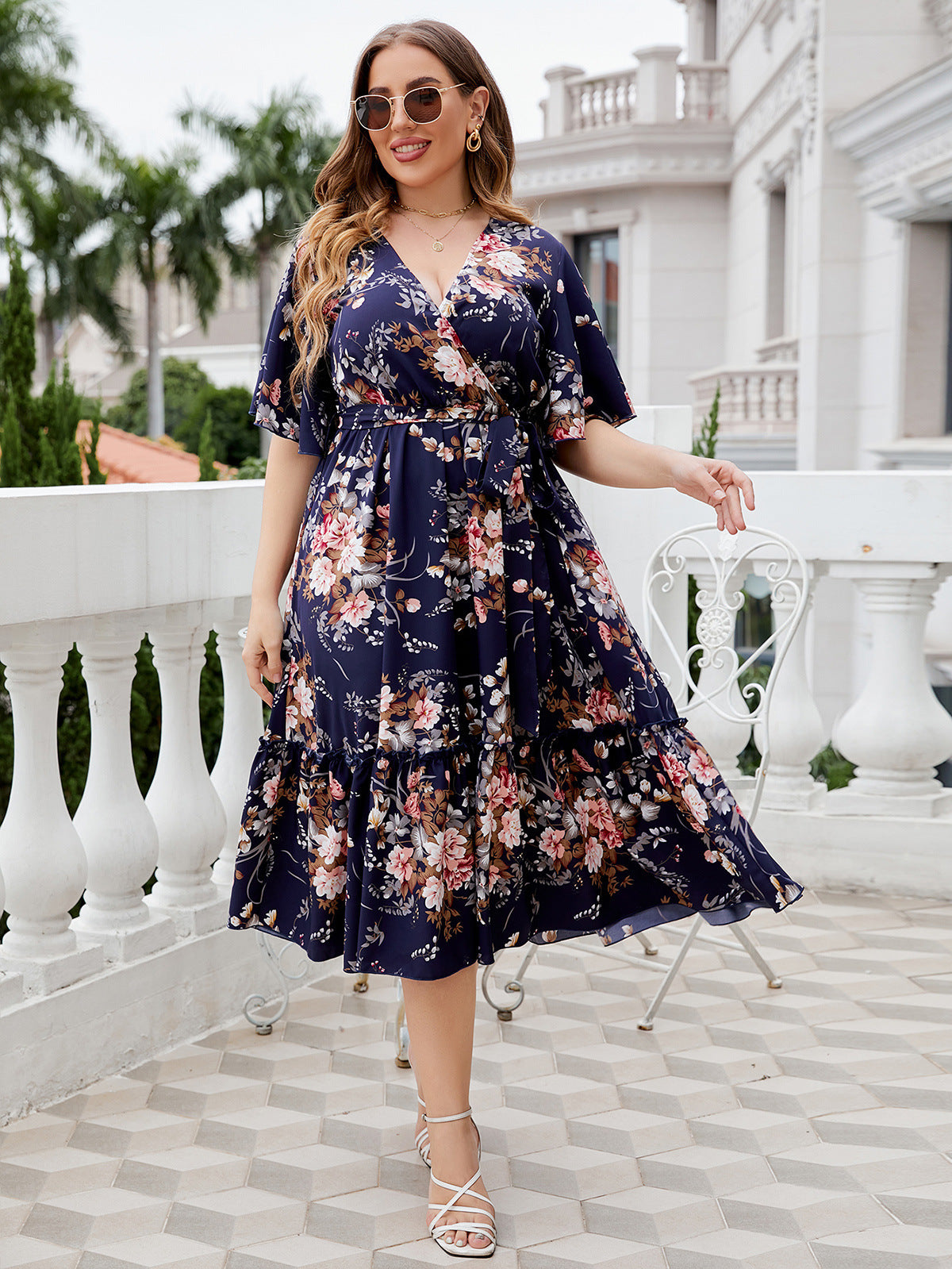 Summer V-neck Dark Blue Print Plus Size Dress