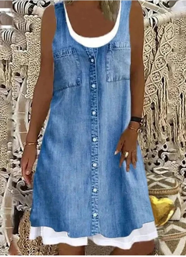 Round Neck Halterneck Fake Jean Casual Dress