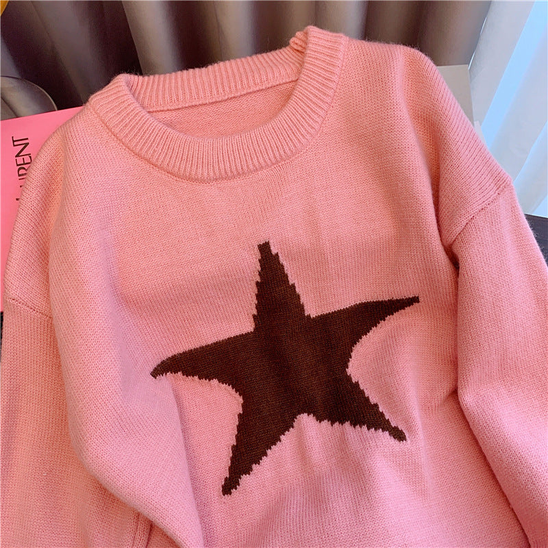 Idle Style Five-pointed Star Crew Neck Pullover Sweater