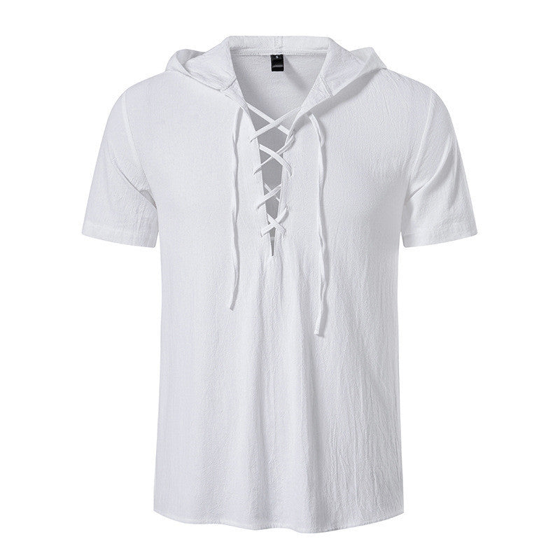 Men's Short Sleeved String tie up Shirt Cotton