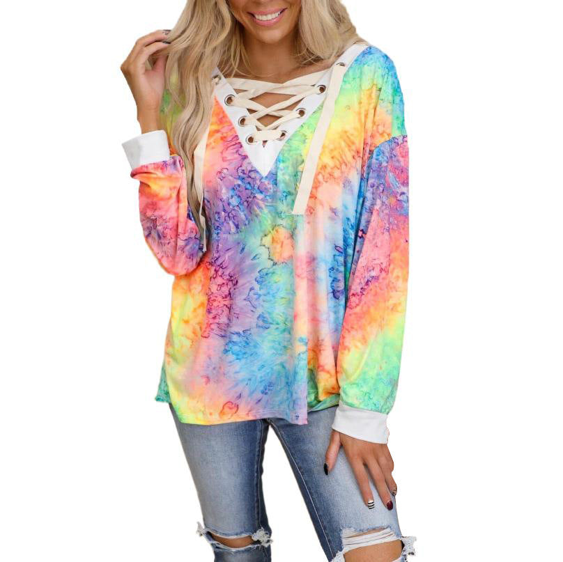 Tie-Dye Printed Long-Sleeved V-Neck Tie Casual T-Shirt Top