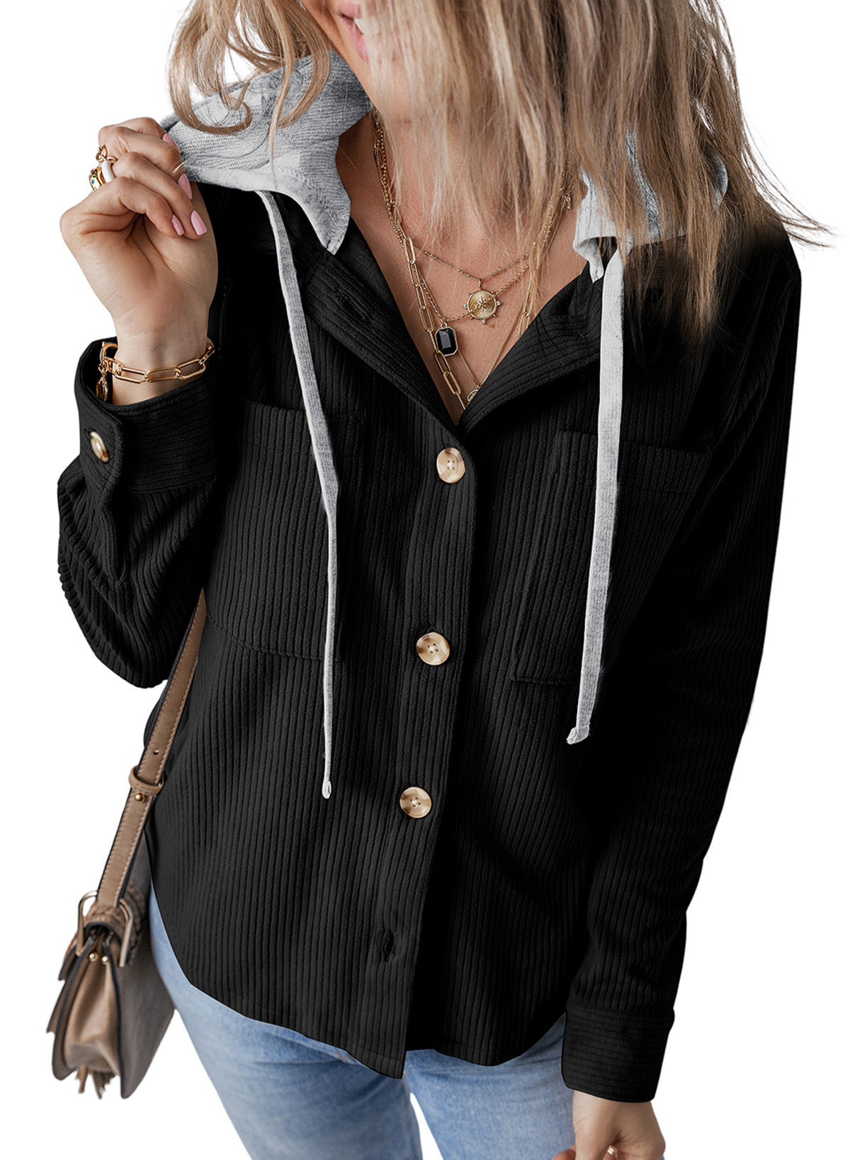 Lapel Buckle Cardigan Pouch Hooded Drawstring Striped Coat