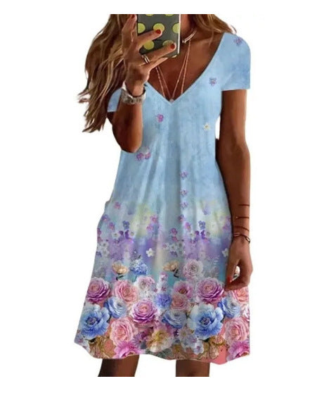 Printed V-neck Mini Dress