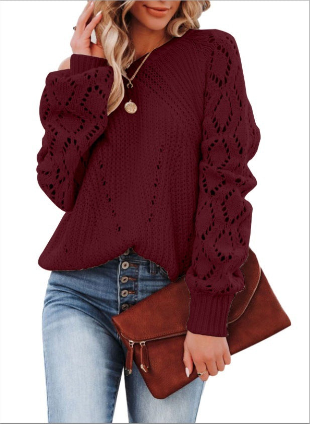 Solid Female Hollow Pattern Round Neck Sweater